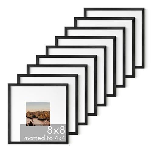 8x8 Black Metal Picture Frames Matted to 4x4 (9 Count)
