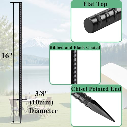 16 Inch Rebar Stakes 30 Pack Heavy Duty Ground Anchors with Chisel Point End Long Straight Steel Tent Stakes 3 (30 Count)