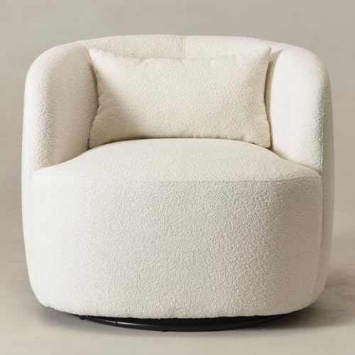 34" W Boucle Swivel Barrel Chair with Toss Pillow