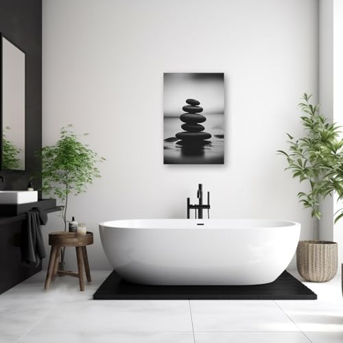 Zen Canvas Wall Art Black and White Zen Stone Picture Print Meditation Relax Spirit Spa Room Bathroom Decor Frame