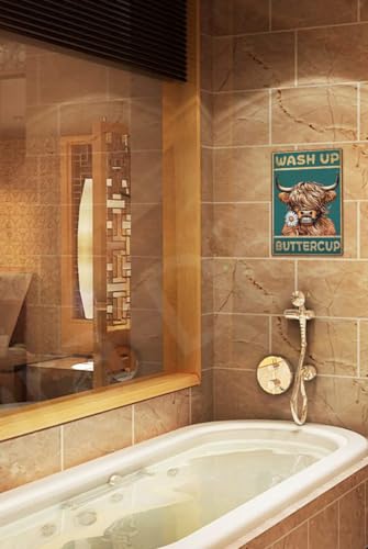 Highland Cow Wash Up Buttercup Sign Vintage Bathroom Decor 8x12"