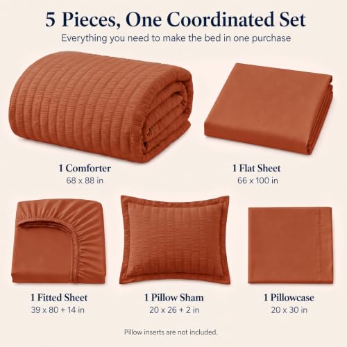 Twin XL Comforter Set 5 Pieces Burnt Orange Seersucker Bed in a Bag