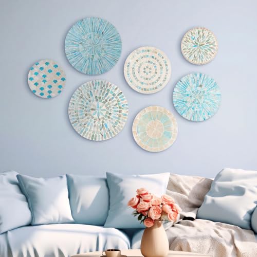 7 Pcs Blue Mother of Pearl Shell Plate Coastal Wall Art Mosaic Wall Sculpture Shell Handmade Hanging Plates Arts for Christmas Bedroom Bathroom Home Office Hotel (7 Count)