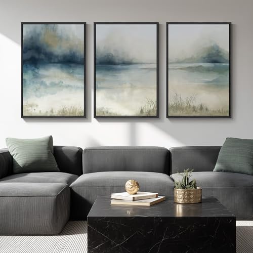 Large Framed Blue Nature Landscape Wall Art for Living Room (3 Count)
