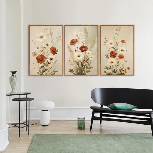 Retro Floral Framed Canvas Wall Art Set