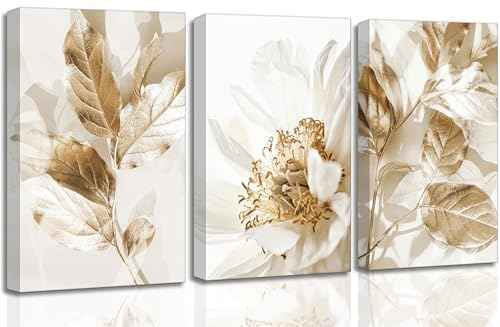 3 Pcs Modern White Gold Floral Leaves Canvas Wall Art 12x16in (3 Count)