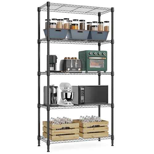 1250 lbs 5 Tier Shelf Metal Storage Shelves Wire Rack Closet Organizers with Wheel for Garage Kitchen Bathroom Laundry Black 13.7" D x 23.6" W x 62.4" H (5 Count)