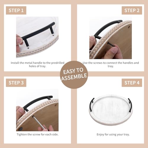 18Inch White Wooden Beaded Serving Tray with Handle Decorative Rustic Whitewashed Tray for Coffee Table Farmhouse Round Tray for Kitchen
