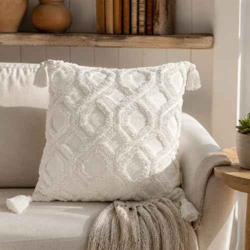 Boho Pillow Covers 18X18 Inch Boho Tufted Throw Pillow Covers Decorative Tassels Cushion Cover Farmhouse Pillow Case for Couch Sofa Bed Living Room Bedroom