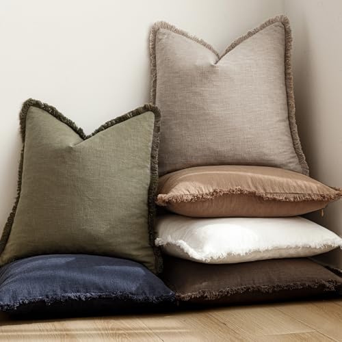 Decorative Linen Fringe Throw Pillow Covers 16×16 Natural Linen (2 Count)