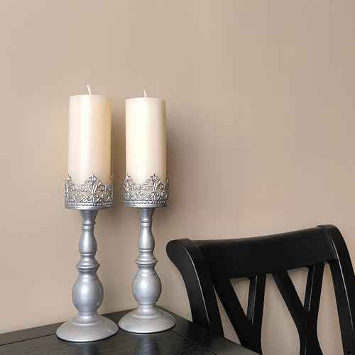 Candle Holders for Pillar Candles Gothic Matte Pearl Silver Tall Candle Holders Set of 2 Decorative Large Table Centerpieces Candle Stand Decor (2 Count)