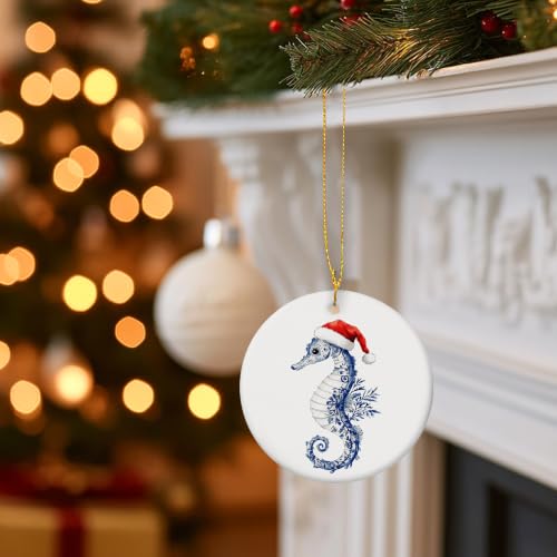 Blue Chinoiserie Santa Seahorse Christmas Ceramic Ornament