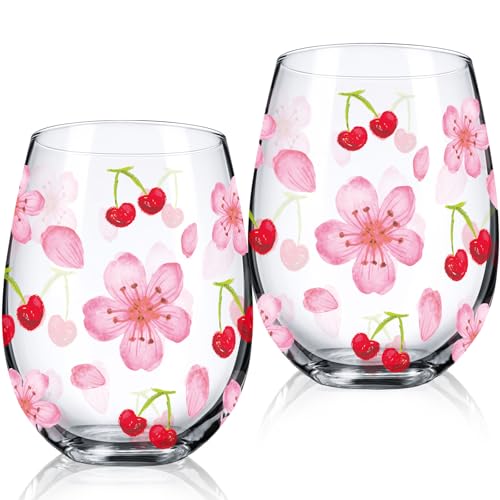 2 Pack 17oz Cherry Blossom Stemless Wine Glasses Cherry and Flower Drinking Glasses Floral Tumbler Cups for Women Wedding Birthday Gift Parties Supplies (2 Count)