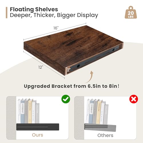 16 x 12 Deep Floating Shelves Wall Mounted Set of 2 Rustic Brown (2 Count)