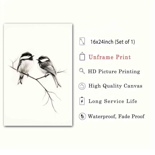 Bird Sketch Wall Art Minimalist Animal Print Vintage Bird Prints Pencil Drawing Wall Art Minimalist Birds Canvas Animal Sketch Prints Black And White Birds Picture Neutral Room Decor 16x24inch No Frame