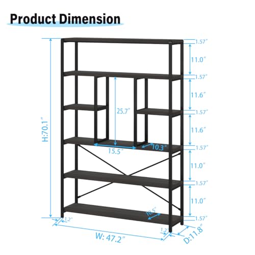 6 Tier Industrial Bookshelf for Bedroom Living Room Office