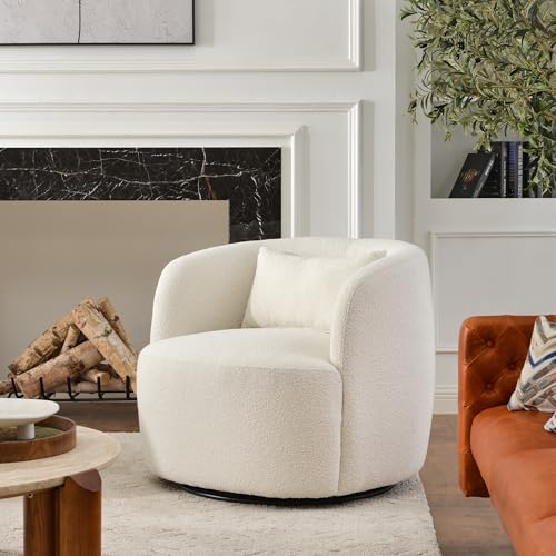 34" W Boucle Swivel Barrel Chair with Toss Pillow