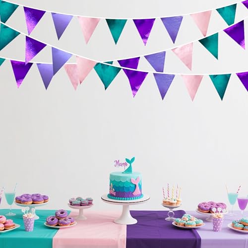 Mermaid Party Decorations Purple Pink and Teal Aqua Metallic Fabric Triangle Pennant Banner Flag Bunting Garland for Mermaid Under the Sea Birthday Wedding Baby Shower Engagement Party Supplies (32 Foot)