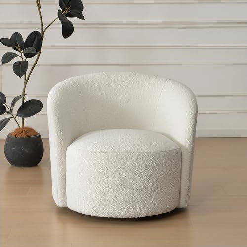 34" W Mid Century Modern Boucle Swivel Barrel Chair