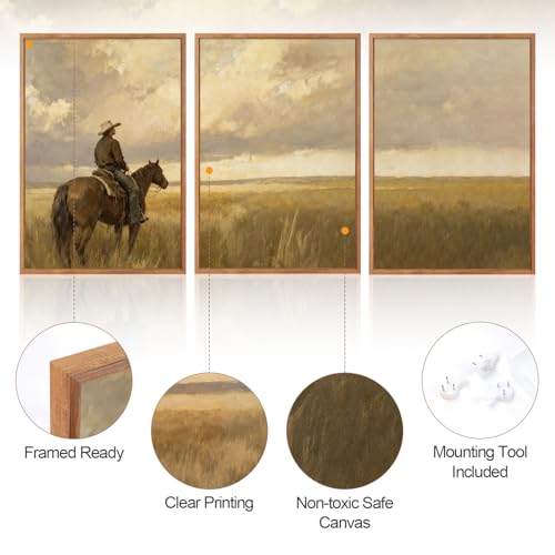 3 Pcs Western Cowboy Framed Wall Art 16x24 Inch