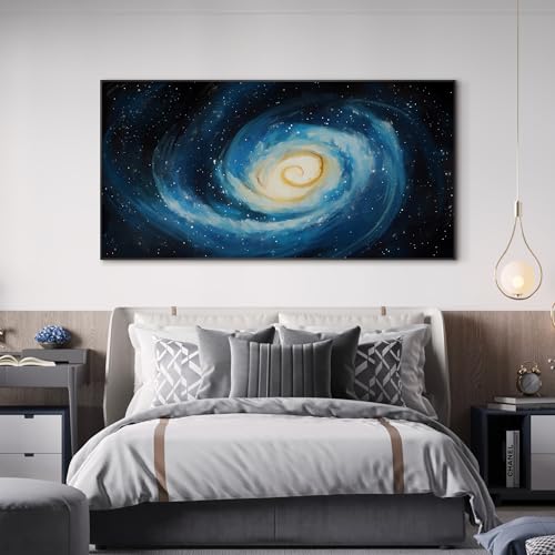 24"x46" Extra Large Framed Wall Art Spiral Galaxy Vivid Blue and Yellow Cosmic Space Illustration for Home Living Room Bedroom Decor