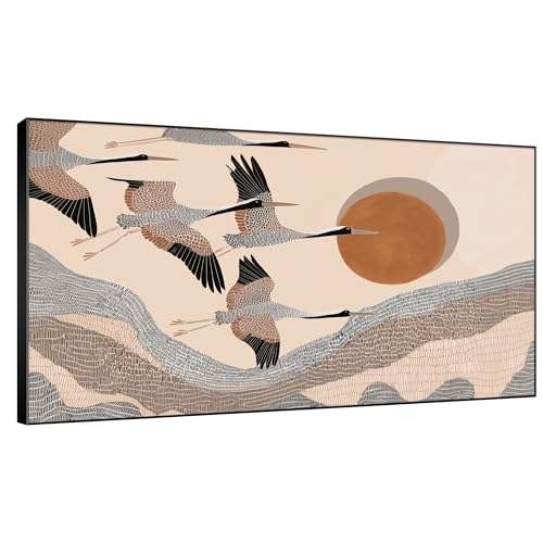36"x60" Extra Large Framed Wall Art Flying Cranes Over Sunlit Hills Illustration for Home Living Room Bedroom Decor