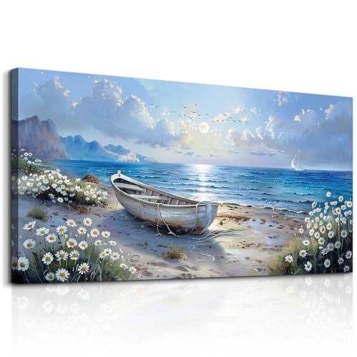 Large Canvas Wall Art For Living Room Wall Decor For Bedroom Office White Flower Seaside Landscape Printing Painting Restaurant Home Decorations Mural Poster Artwork Ready To Hang 30"X60"
