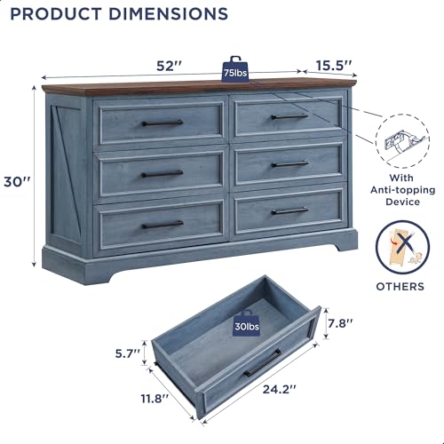 52" Wide Farmhouse 6 Drawer Dresser for Bedroom
