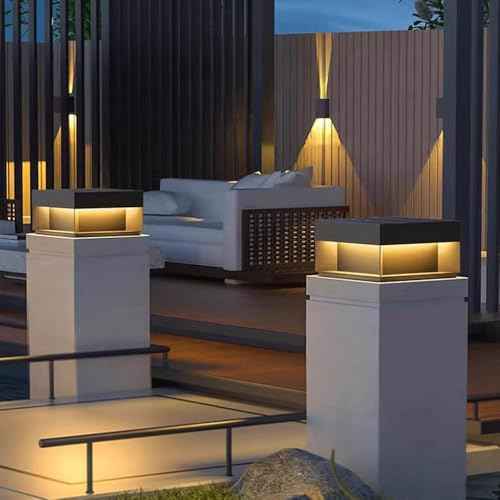 Solar Lamp Post Light Black Modern Pillar Lights Outdoor Solar Powered Column Lighting Waterproof Fence Deck Pillar Lights Exterior Landscape Pathway Lighting Square LED Pedestal Post Lantern