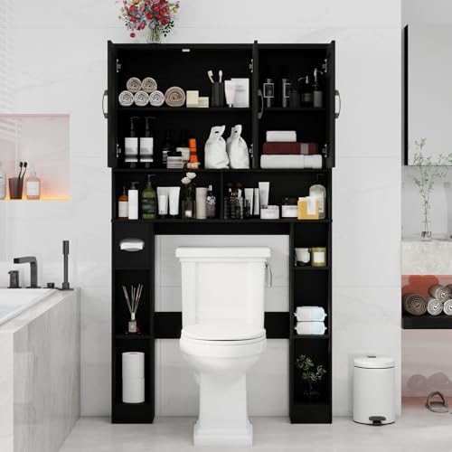 Over The Toilet Storage Cabinet with 3 Barn Doors.Black
