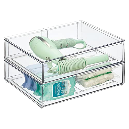 Wide Plastic Stackable Bathroom Storage Organizer Bin with Pull Out Drawer for Cabinet (2 Count)