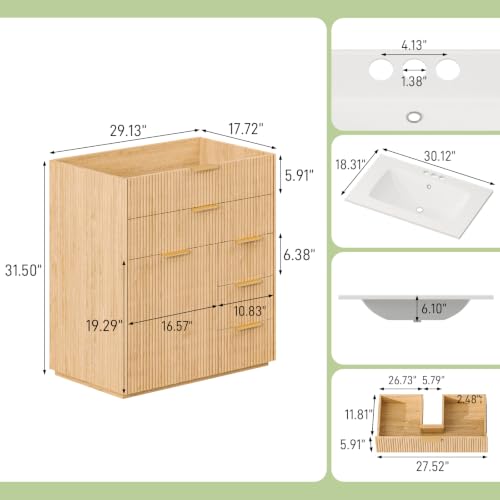 Farmhouse 30" Fluted Bathroom Vanity with Ceramic Sink and 5 Drawers