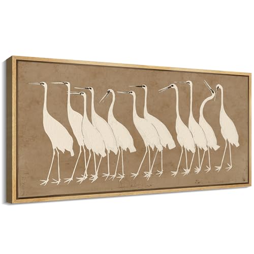 Extra Large Framed Canvas Print Wall Art Minimalist White Cranes on Beige Background Antique Retro Fine Art Illustrations Decorative Colorful for Bedroom