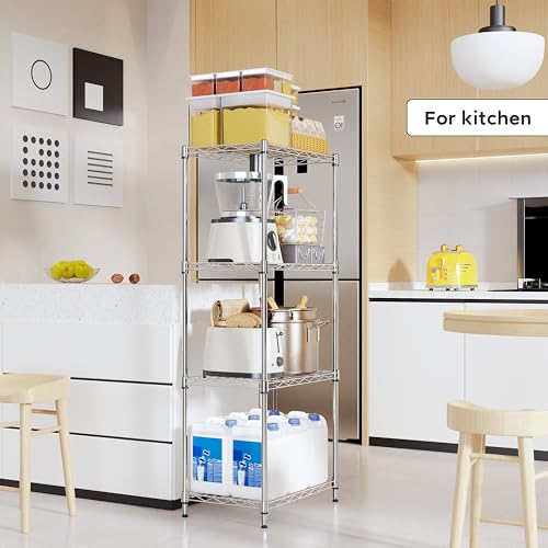 4 Tiers Shelf Metal Storage Shelves Wire Rack Closet Organizers with Wheel for Garage Kitchen Bathroom Laundry Chrome 11.8" D x 17.7" W x 41.9" H