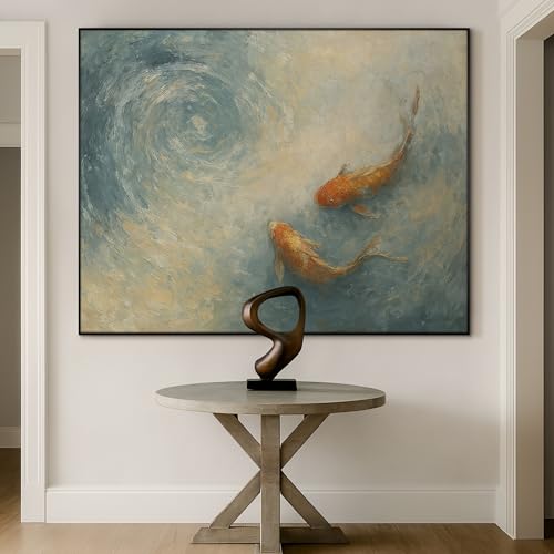 60"x72" Extra Large Framed Wall Art Koi Fish Swirl Tranquil Water Illustration for Home Living Room Bedroom Decor