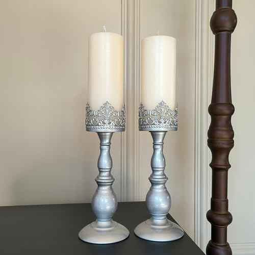 Candle Holders for Pillar Candles Gothic Matte Pearl Silver Tall Candle Holders Set of 2 Decorative Large Table Centerpieces Candle Stand Decor (2 Count)