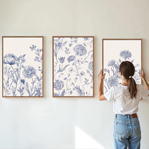 Large Classic Chinoiserie Flower Framed Canvas Wall Art Set (3 Count)