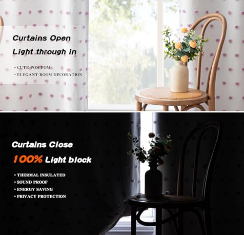 100% Blackout Curtains for Nursery Thermal Insulated Purple Pom Pom Curtains 72 Inch Long for Girls Bedroom 2 Panels White Sheer Curtains for Dining Room Door Grommet (2 Count)