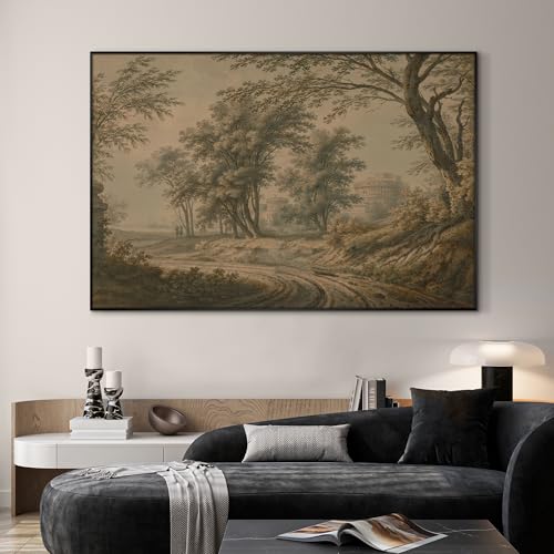 46"x72" Extra Large Framed Wall Art Antique Sepia Landscape with Trees and Historic Architecture for Home Living Room Bedroom Decor
