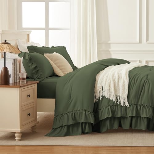 Olive Green Ruffle California King Comforter Set