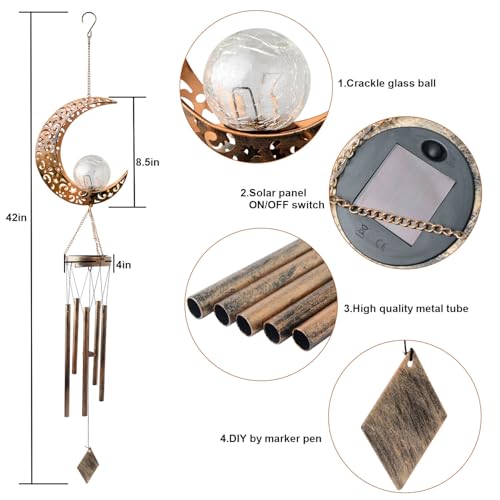 Solar Moon Wind Chimes for Outside Color Changing Unique Birthday Mom Gifts for Women Mom Grandma Crackle Glass Ball LED Wind Chimes Solar Lights Outdoor Garden Decor Light for Patio Yard Backyard