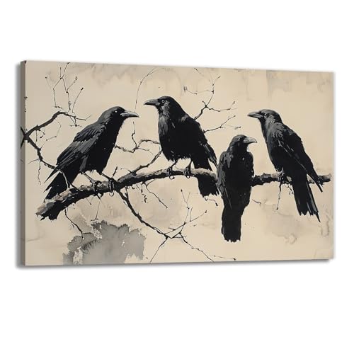 Birds Canvas Wall Art Black Couple Crow Picture Print Vintage Gothic Raven Artwork for Living Room Halloween Home Wall Decor
