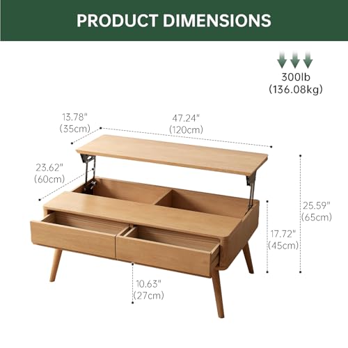 Solid Oak Wood Lift Top Coffee Table for Living Room