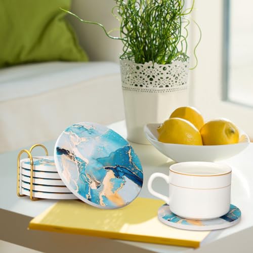 6 Pcs Light Blue Marble Abstract Ceramic Coasters with Holder for Table (6 Count)