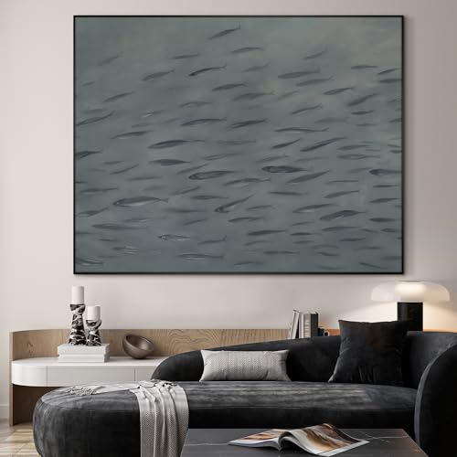 46"x60" Extra Large Framed Wall Art Gray School of Fish Minimalist Ocean