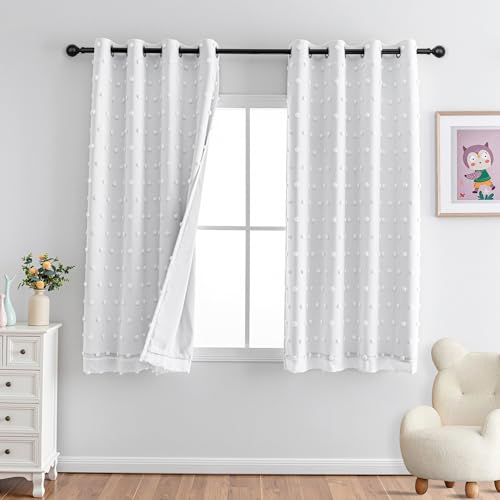100% Blackout Curtains for Bedroom White Blackout Curtains 54 Inches Long Thermal Insulated 2 Panels Short Curtains with White Pom Pom Sheer Room Darkening Grommet (2 Count)
