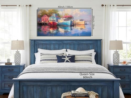 Lake Wall Art Sailboat Nautical Canvas Painting Framed Large 40"x20"