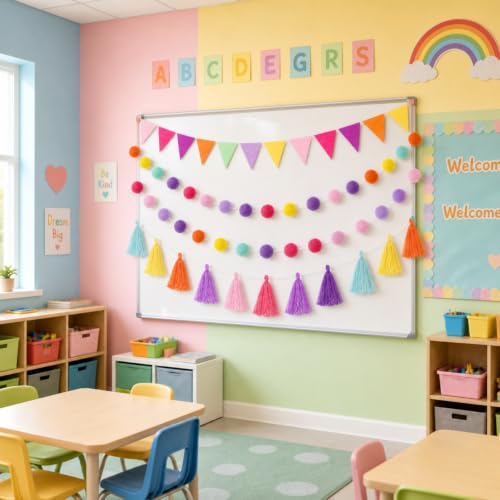 9.8FT Rainbow Pom Pom Tassel Garland for Classroom Felt Candy Color (43 Count)