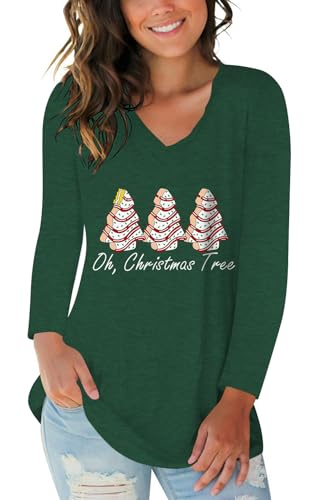 Merry Christmas Graphic Tees for Women V Neck Long Sleeve Christmas T