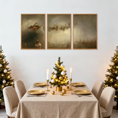 3 Pcs Santa Sleign Rides Framed Canvas Wall Art 16x24 Inch